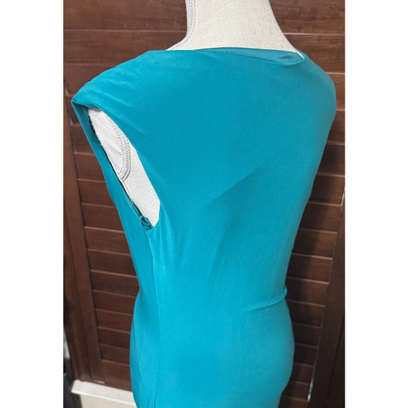 Ronni Nicole Dress teal green sz 8 cowl drape neck ruched knee length stretchy - Picture 4 of 8